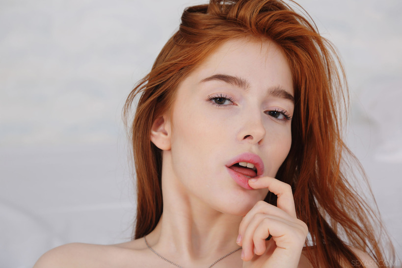 Porcelain pale beauty Jia Lissa lies on her bed in sexy blue lingerie 21
